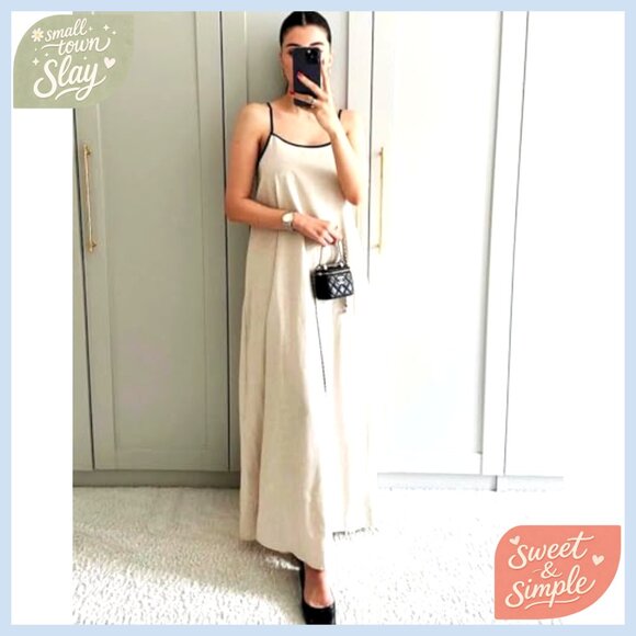 Linen Maxi Dress with Spaghetti Straps Side Pockets Back Tie Casual Beach - Picture 5 of 7